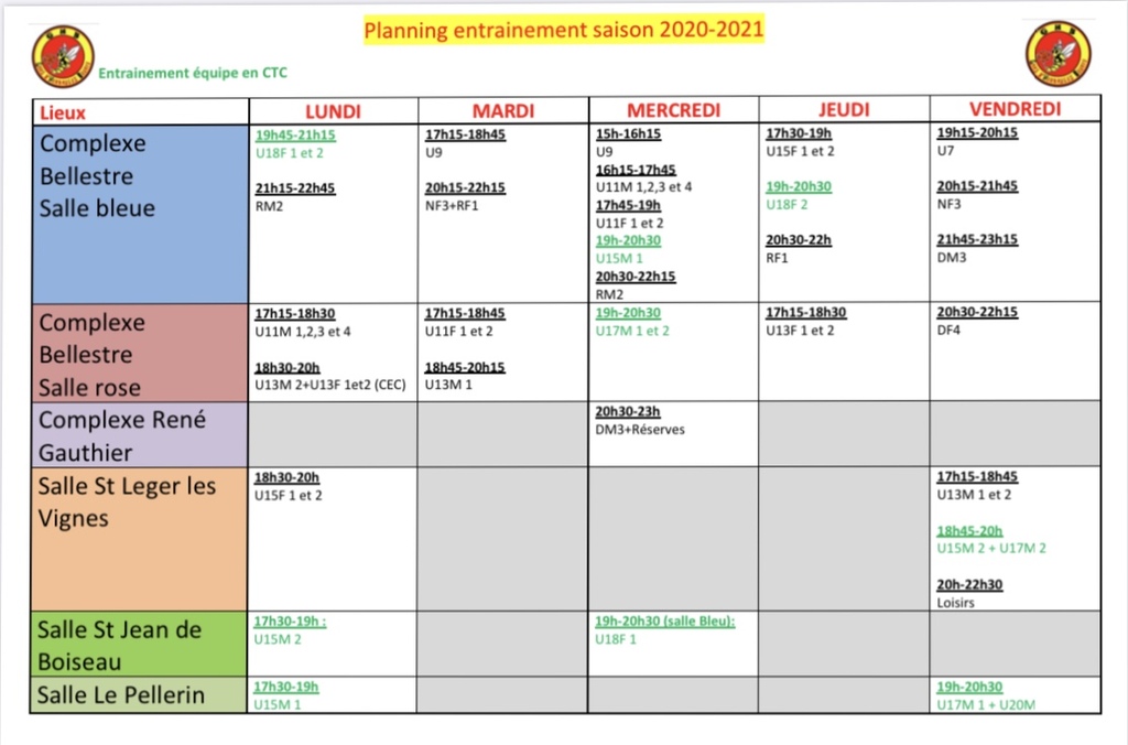 Planning entrainement saison 2020-2021