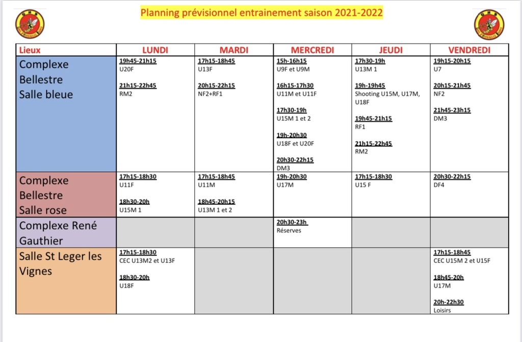 Planning entrainement saison 2021-2022