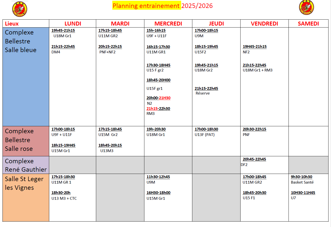planning d'entrainements