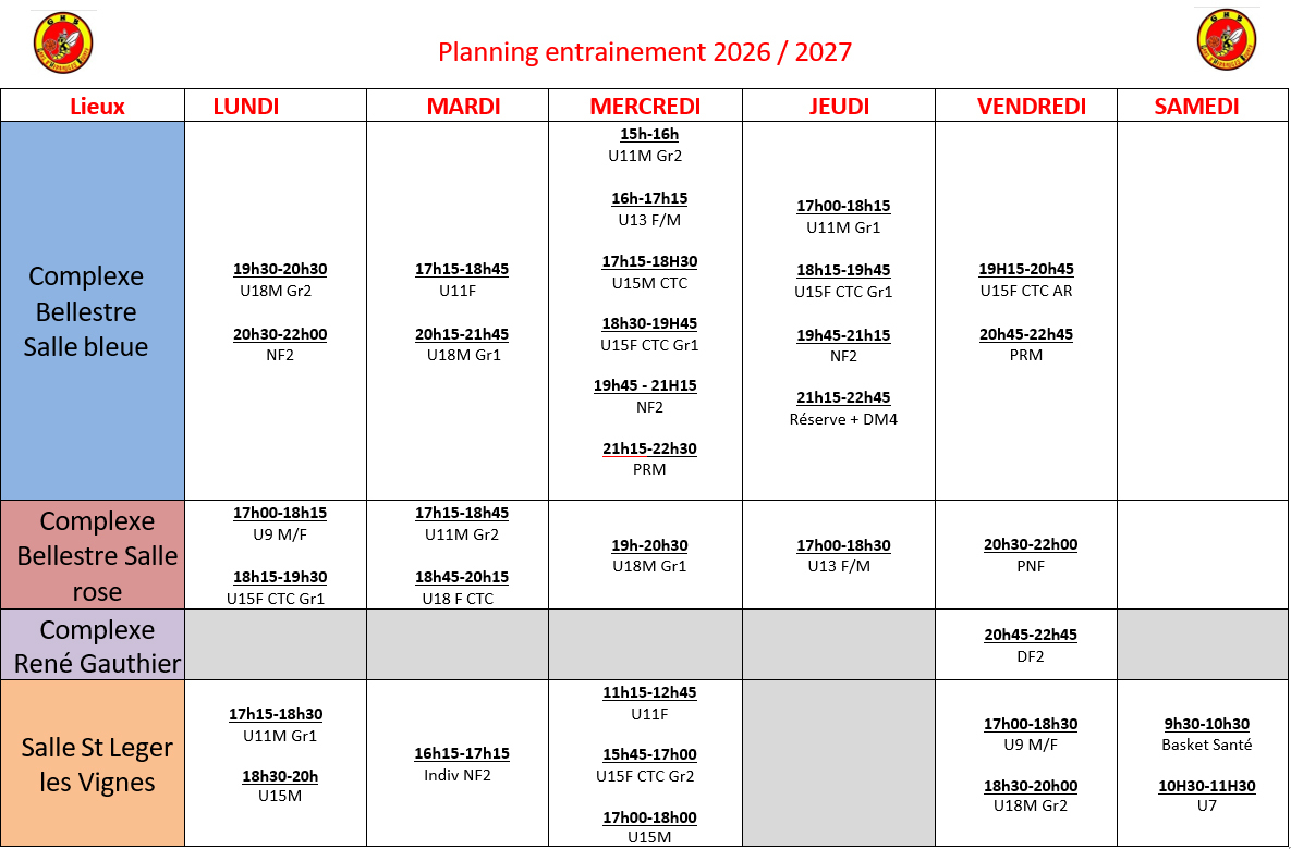 planning d'entrainements - saison 2026-2027