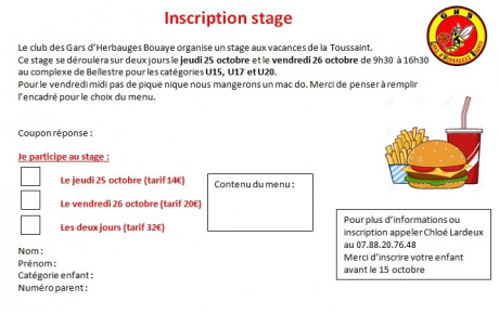 Stage Toussaint - Inscriptions U15-U17-U20