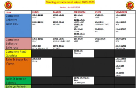 Planning Entraînements GHB Saison 2019-2020