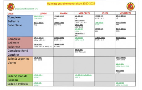 Planning entrainement saison 2020-2021