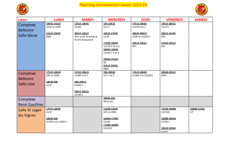 Planning entrainements saison 2023-2024