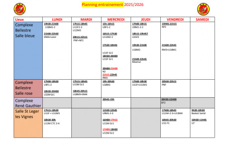 Planning entraînements 2025-2026