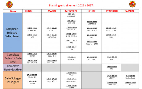planning d'entrainements - saison 2026-2027